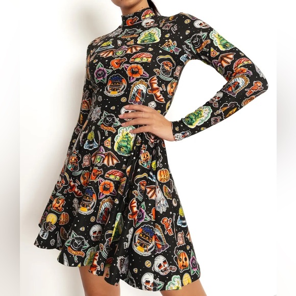 Blackmilk “TATTOWEEN BLACK LONG SLEEVE EVIL MINI SKATER DRESS” Size Medium M NWT - Picture 5 of 16